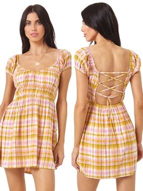 NWT L*SPACE Plaid Belle Mini Dress Size Large Open Back Lace Up Linen Blend